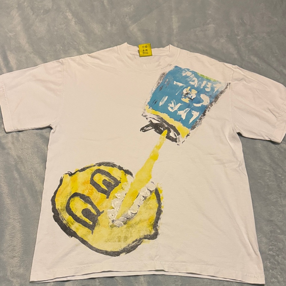 White Graphic Short Sleeve Tee with Yellow and Blue Accents